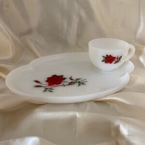Vintage Victorian Federal ROSECREST Milk Glass 2  Snack Plate and Cup Red Rose